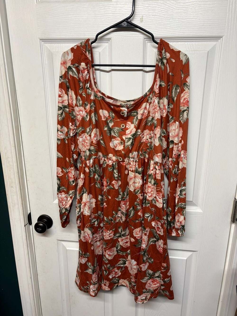 Haptics Floral Long Sleeve Square Neck Dress Rust Orange